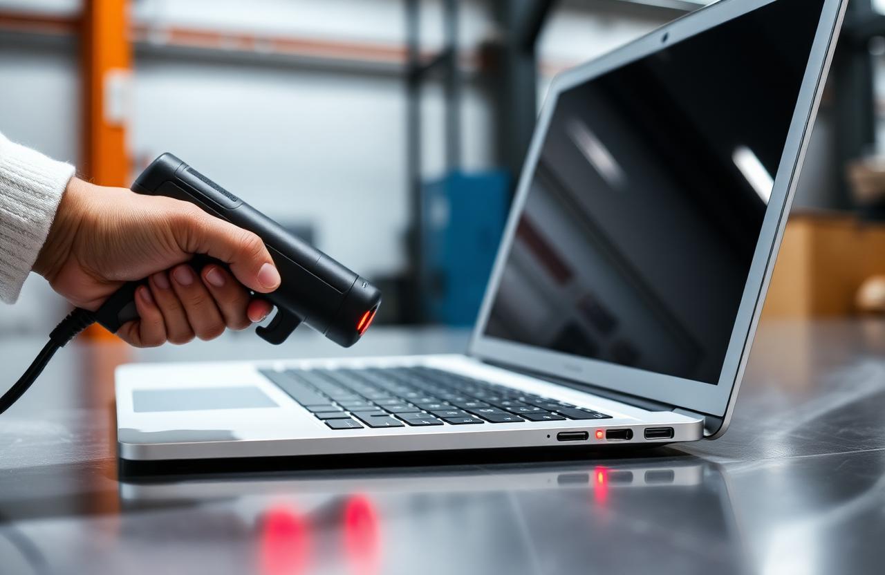 Enterprise laptop being scanned during provisioning at the Surya IT Logistics facility