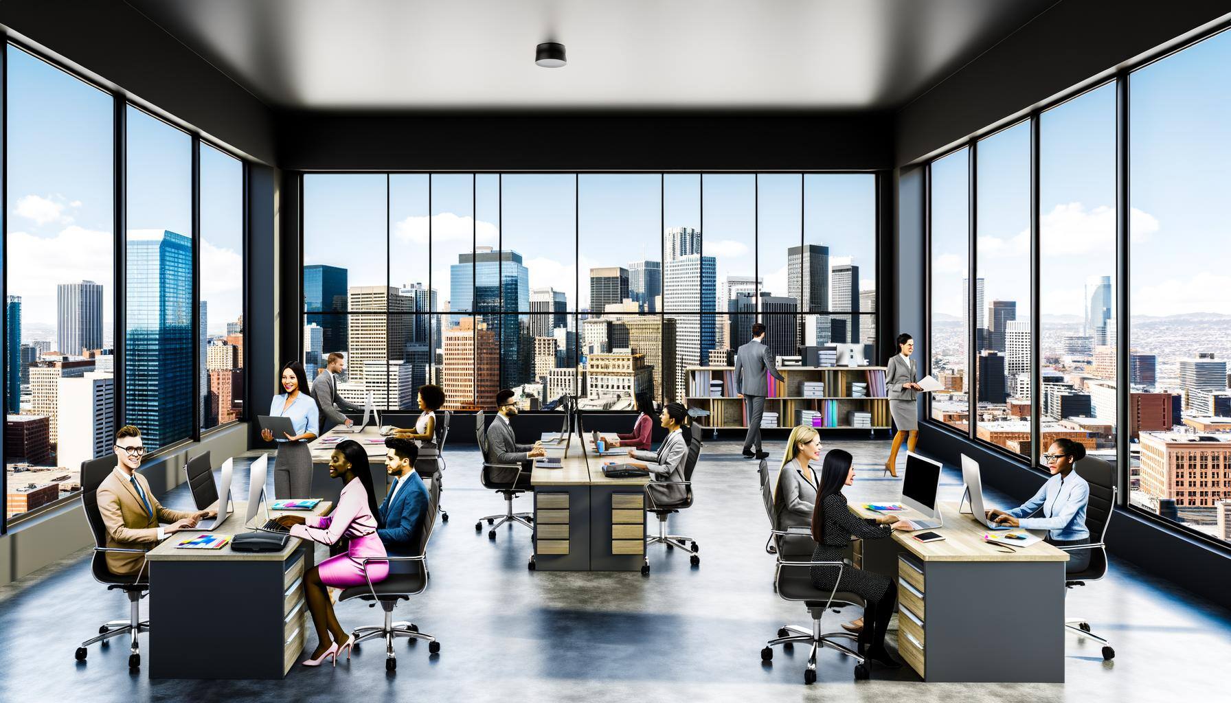 A modern office downtown in a busy city with a great view with a lot of employees looking busy at work