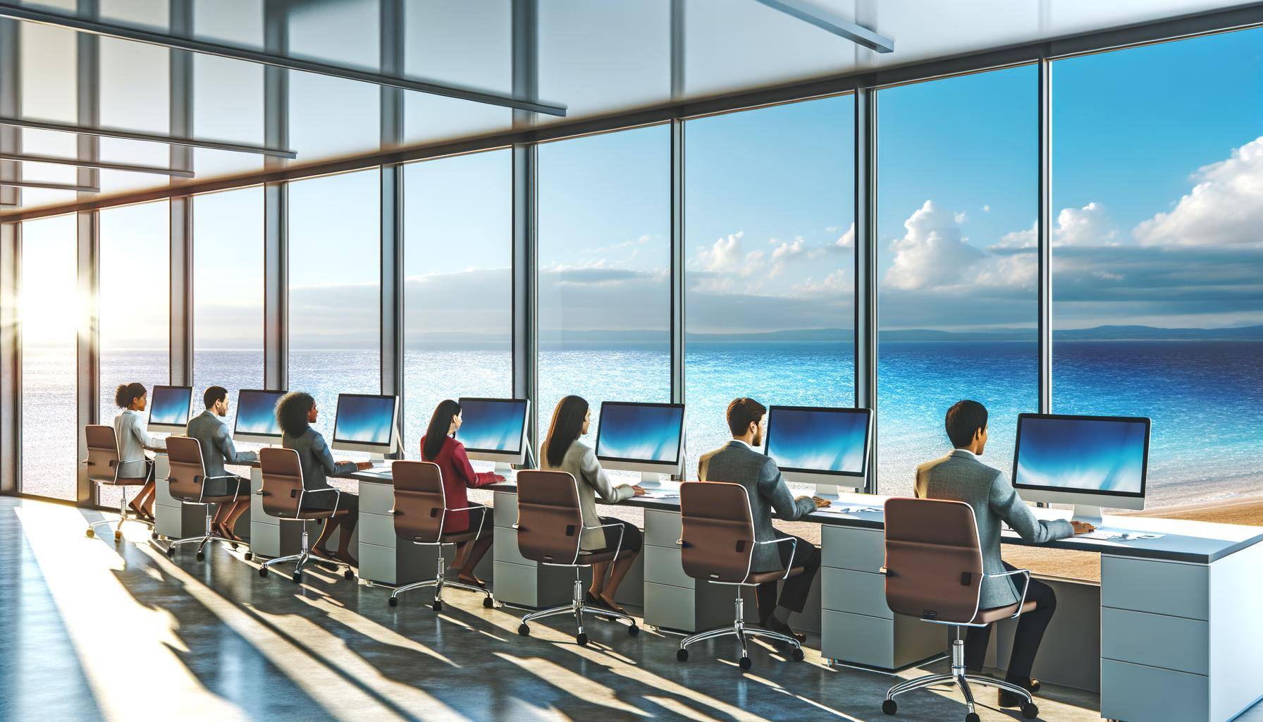 Modern office with view of the ocean and people working at computers