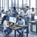 A busy office environment where employees are effi