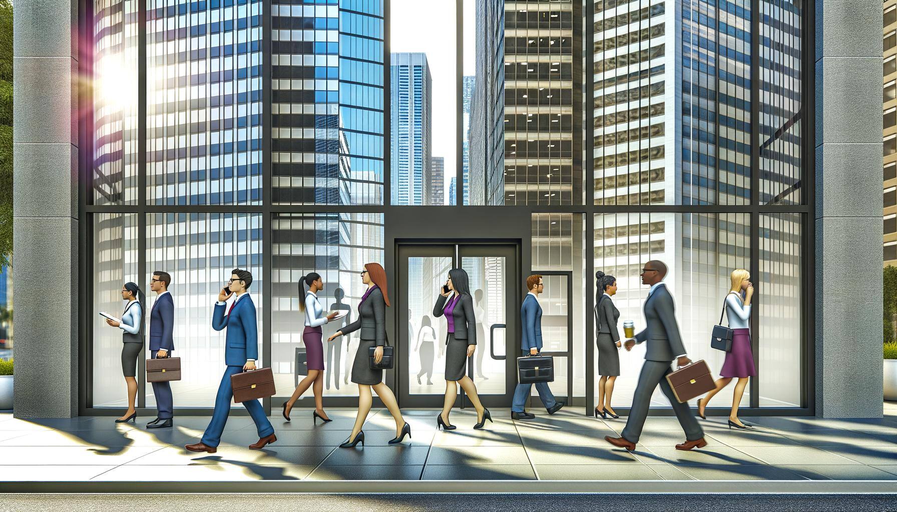 Employees leaving and entering the front door to a big office downtown