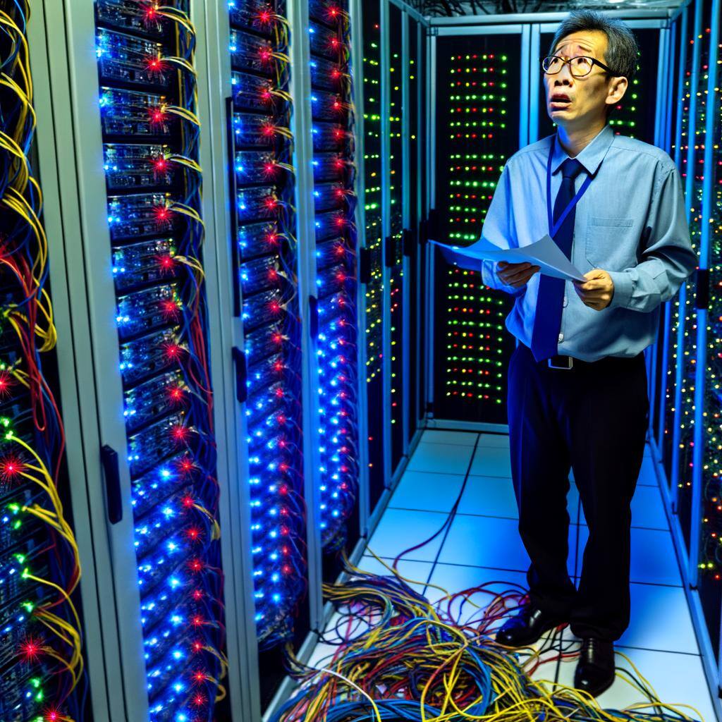 a guy in a massive server room with cords everywhere