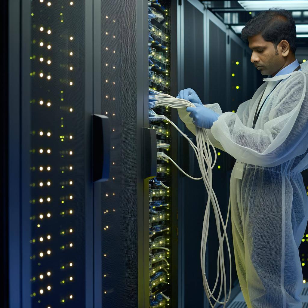 picture of a guy working on a server room in a data center