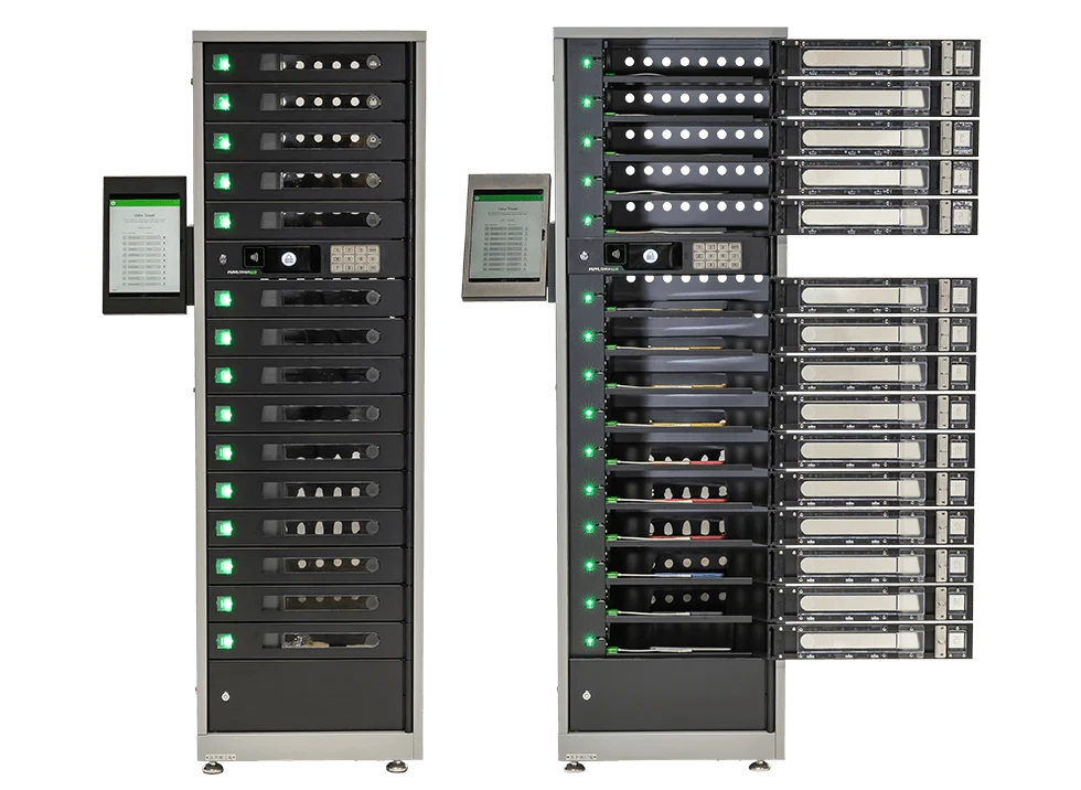 LocknCharge 15-bay smart locker, closed and with compartments open