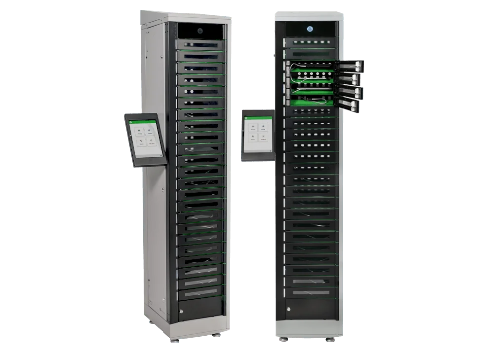 LocknCharge 23-bay smart locker, closed and with compartments open