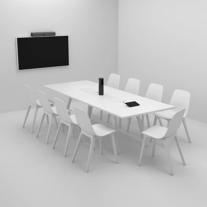 Meeting room with a Neat Bar above the display, a Neat Pad and a Neat Center standing on the table